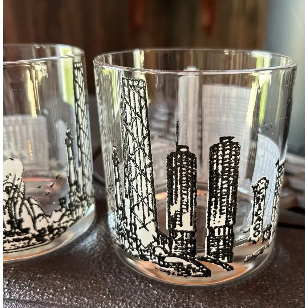 Vintage Pair of Chicago Skyline Rocks Glasses Whiskey Tumblers Black And White